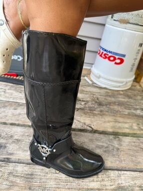 Michael Kors Glossy Black Patent Leather Knee Boots with MK Harness